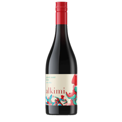 Alkimi Duckpond Pinot Noir 2021 – vibrant red-capped bottle with colourful abstract label design, featuring a modern Yarra Valley Pinot Noir
