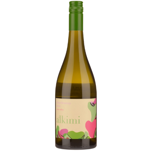 Alkimi Willowlake Chardonnay 2021 – pale green-capped bottle with abstract pink and green label, showcasing Yarra Valley white wine in a modern, minimalist design
