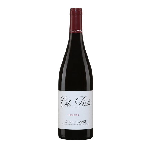 Bottle of 2020 Jean-Luc Jamet Côte-Rôtie ‘Terrasses’ on a white background.