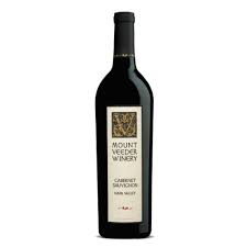Bottle of Mount Veeder Winery Cabernet Sauvignon 2019 Napa Valley with cream label and intricate vineyard crest.