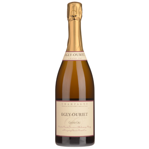NV Egly-Ouriet Grand Cru Champagne bottle with gold foil, beige label, and red accents, showcasing its premium French sparkling wine presentation