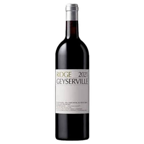 A bottle of Ridge Vineyards Geyserville 2021 red wine, showcasing a clean, minimalist white label with black serif font and “Ridge” in olive green, topped with a metallic silver capsule.