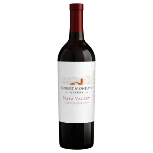 Bottle of Robert Mondavi Winery Napa Valley Cabernet Sauvignon, featuring a white label with red and grey accents and an illustration of the winery estate in the background.