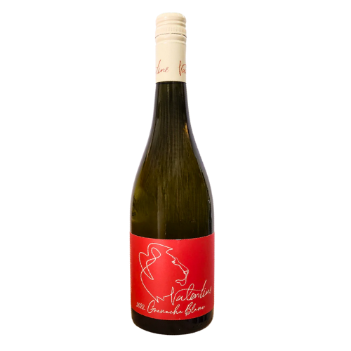 A bottle of Valentine 2022 Grenache Blanc from Heathcote with a vibrant red label and minimalist white line art of a bull's head, set against a plain white background.