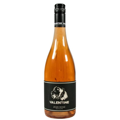 A bottle of Valentine 2020 Grenache Rosé from Heathcote, featuring a sleek black label with a white lion illustration, set against a plain white background.