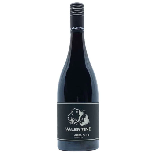 A bottle of Valentine Grenache from Heathcote (2021/22 vintage), featuring a sleek black label with a bold white lion emblem and minimalist text, set against a clean white background.