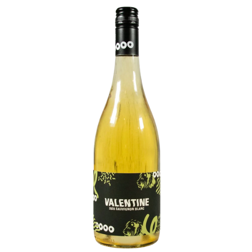 A bottle of Valentine Lé Grizz 2021 Sauvignon Blanc from Yarra Valley featuring a bold black label with lime green accents and illustrated lion motifs, against a plain white background.