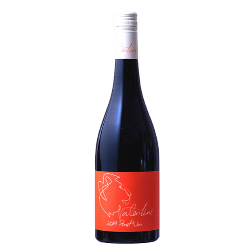 A bottle of Valentine “Upper Yarra” Pinot Noir 2021 from Lone Star Creek, featuring a bold red label with a minimalist lion outline and white script, displayed against a plain white background.