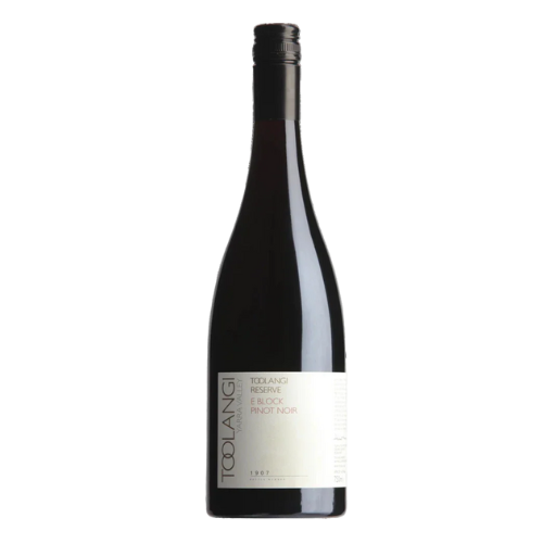 2021 Toolangi E Block Pinot Noir wine bottle on a white background.