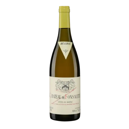 A bottle of 2015 Chateau De Fonsalette Cotes du Rhone Blanc in a white background
