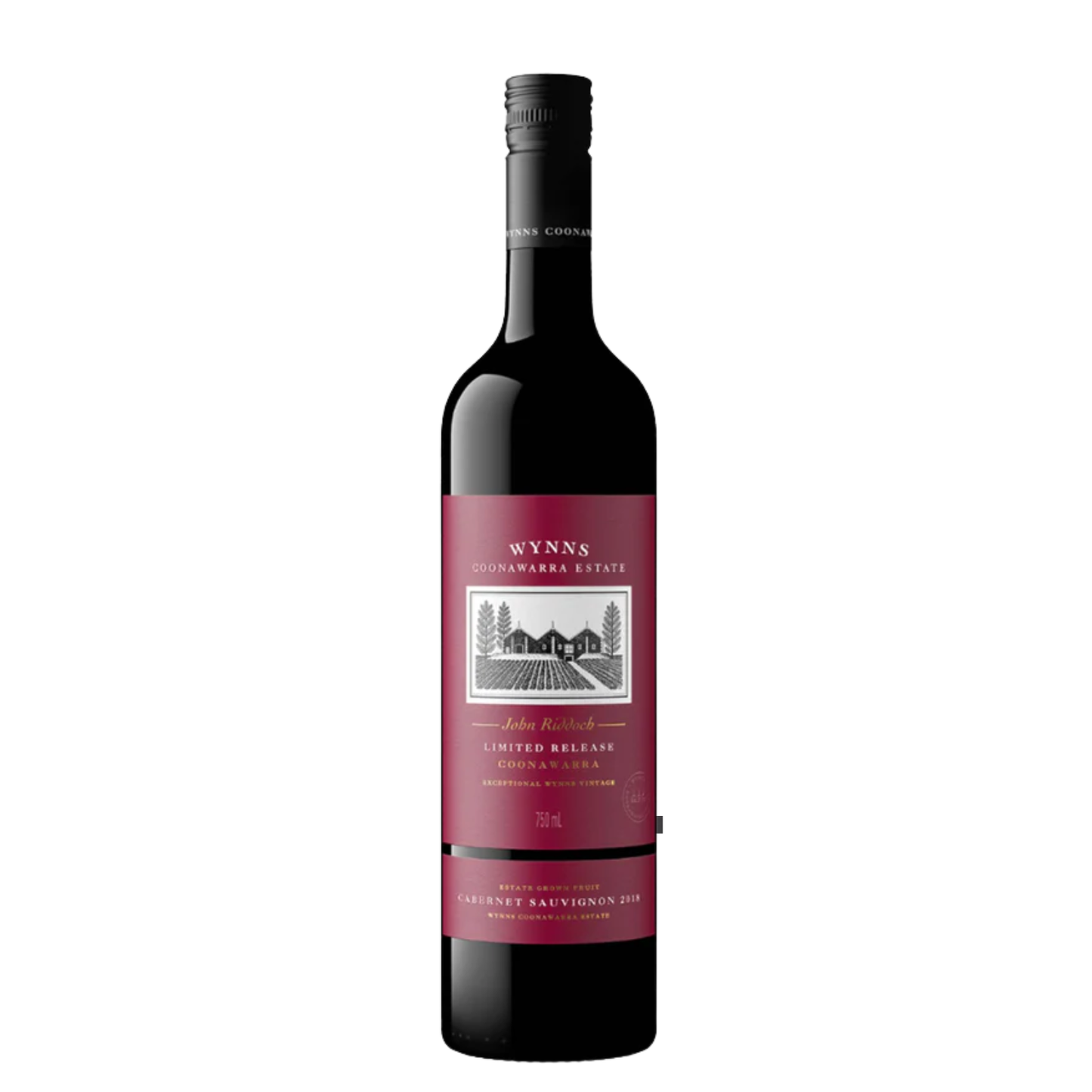Wynns John Riddoch Cabernet Sauvignon 2018 Coonawarra red wine bottle in white background.