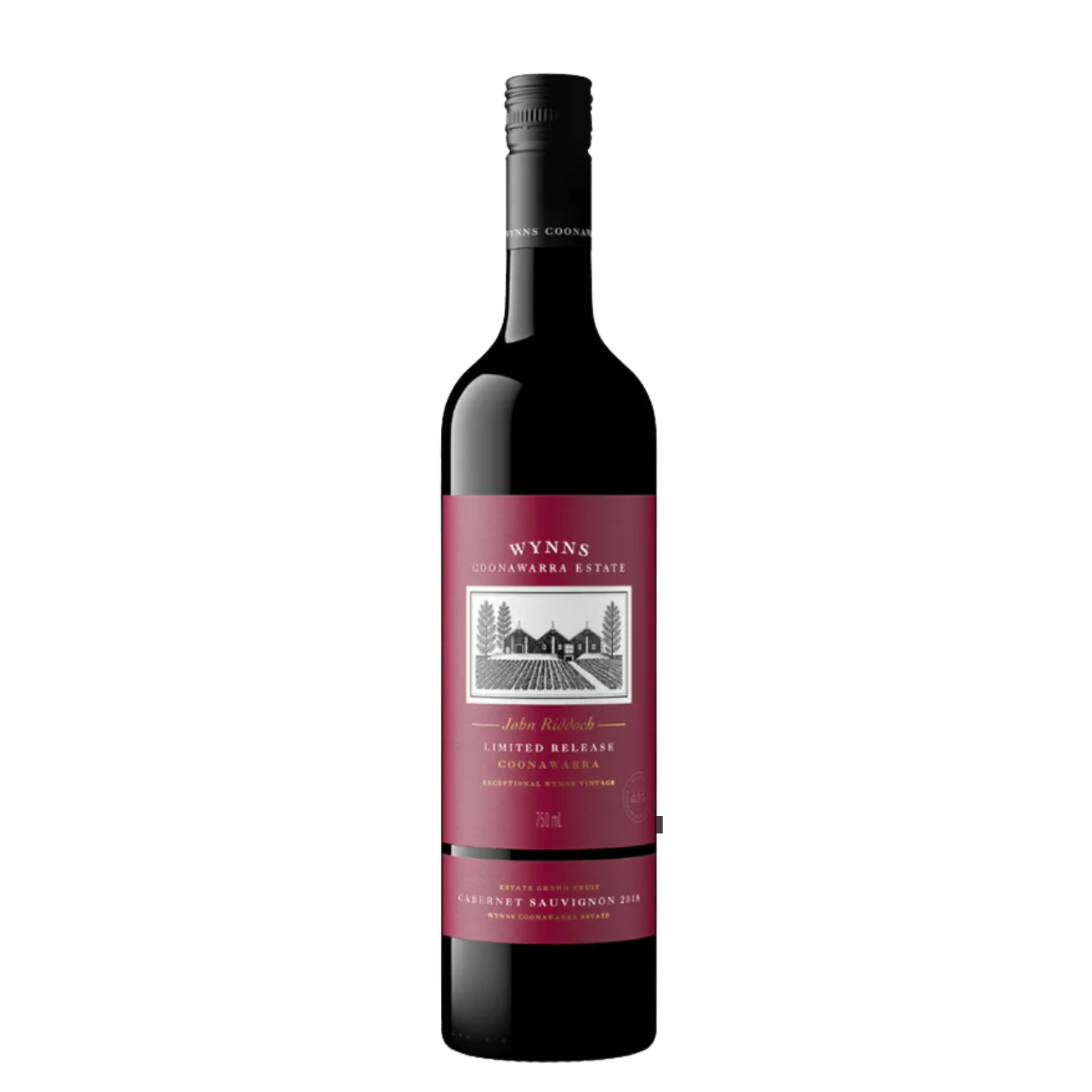 Wynns John Riddoch Cabernet Sauvignon 2018 Coonawarra red wine bottle in white background.
