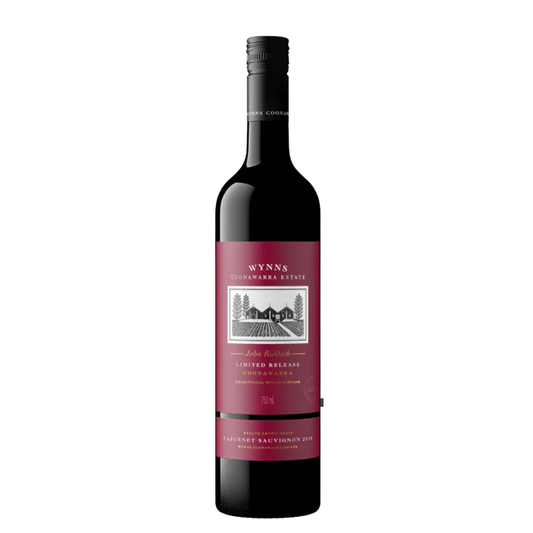 Wynns John Riddoch Cabernet Sauvignon 2018 Coonawarra red wine bottle in white background.