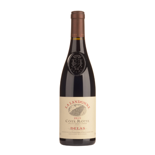 Delas Côte-Rôtie La Landonne 2019 red wine bottle in white background
