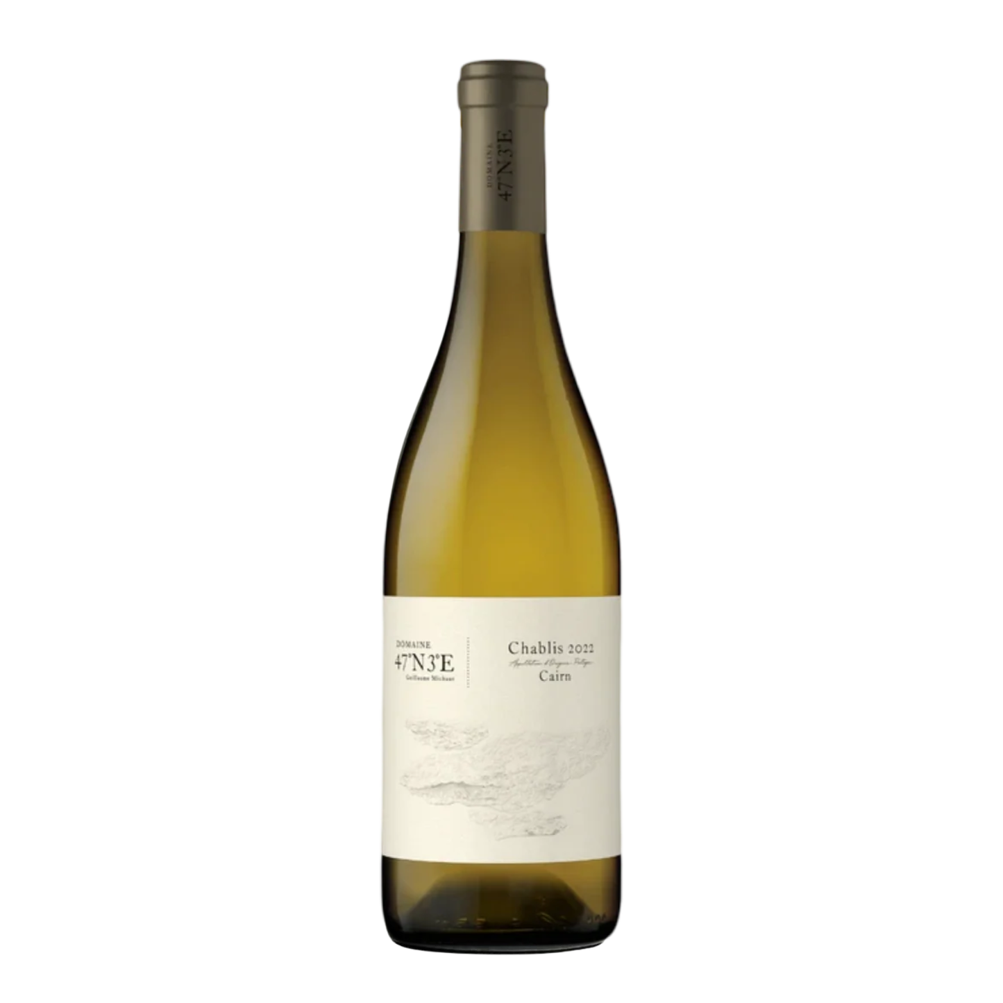 Domaine 47N 3E Chablis Cairn 2022 white wine bottle on a white background