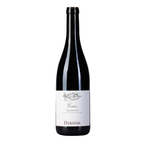 A bottle of 2023 Domaine Duroché Corton Grand Cru in a white background