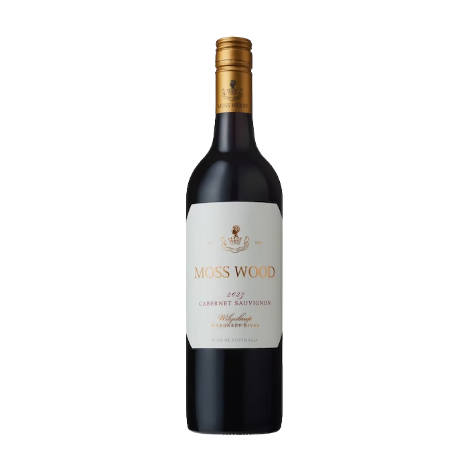 Bottle of 2023 Moss Wood Cabernet Sauvignon displayed against a clean white background