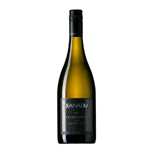 Bottle of 2023 Xanadu Black Label Chardonnay in white background.