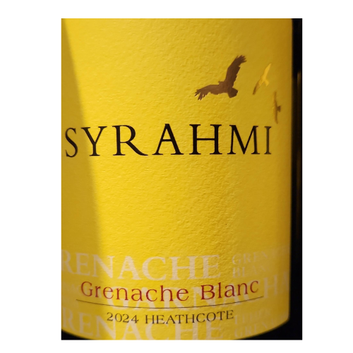 Syrahmi Grenache Blanc 2024 Heathcote white wine bottle label close-up in white background