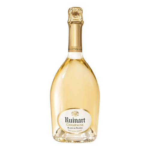 NV Ruinart Blanc de Blancs Champagne bottle on a white background.