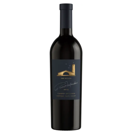 Bottle of Robert Mondavi Winery The Estates Cabernet Sauvignon 2019, featuring a dark navy label with gold winery illustration and signature detailing, set against a deep, elegant bottle design.