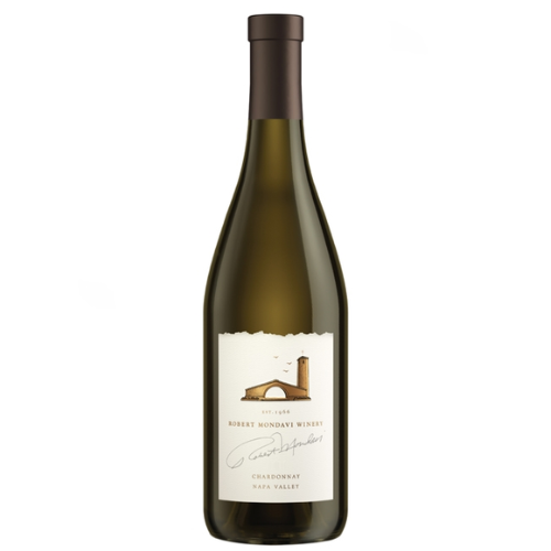 Bottle of Robert Mondavi Winery Napa Valley Chardonnay 2022, featuring a clean cream label with a sketch of the iconic winery arch and signature branding.