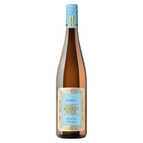 Bottle of Robert Weil Rheingau Riesling Trocken 2022 featuring a pale blue cap and ornate gold-accented label, showcasing a classic German Riesling design.