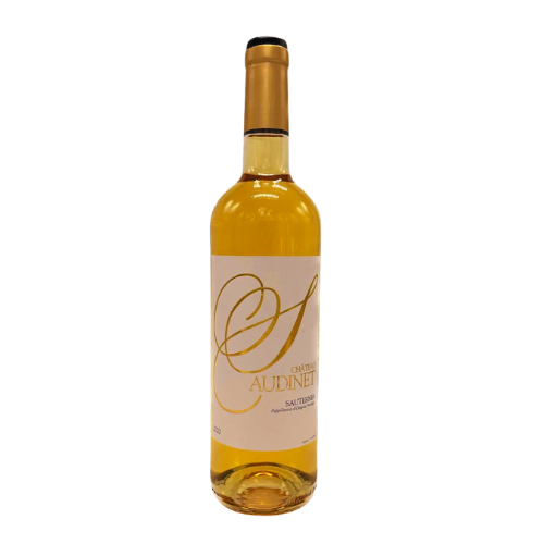Château Audinet 2020 Sauternes white wine bottle in white background