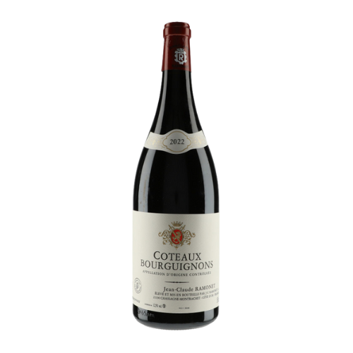 2022 Domaine Ramonet Coteaux Bourguignons Rouge wine bottle on a white background.