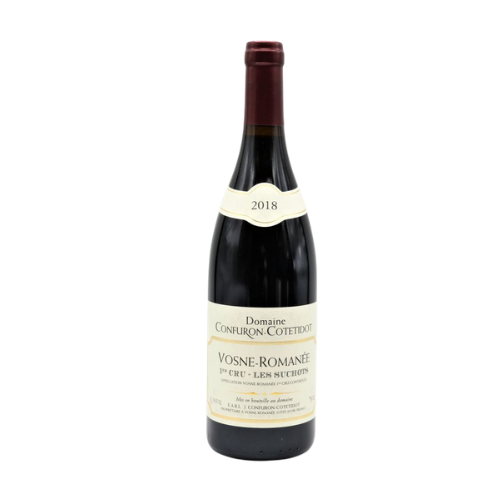 Confuron-Cotetidot Vosne-Romanee Les Suchots 2018 Premier Cru Burgundy red wine bottle in white background