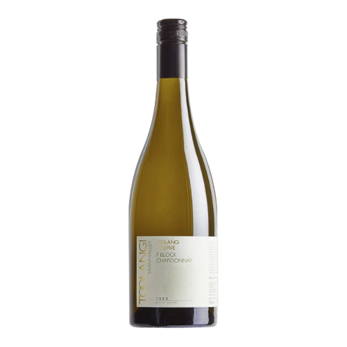 2023 Toolangi F Block Chardonnay wine bottle on a white background.